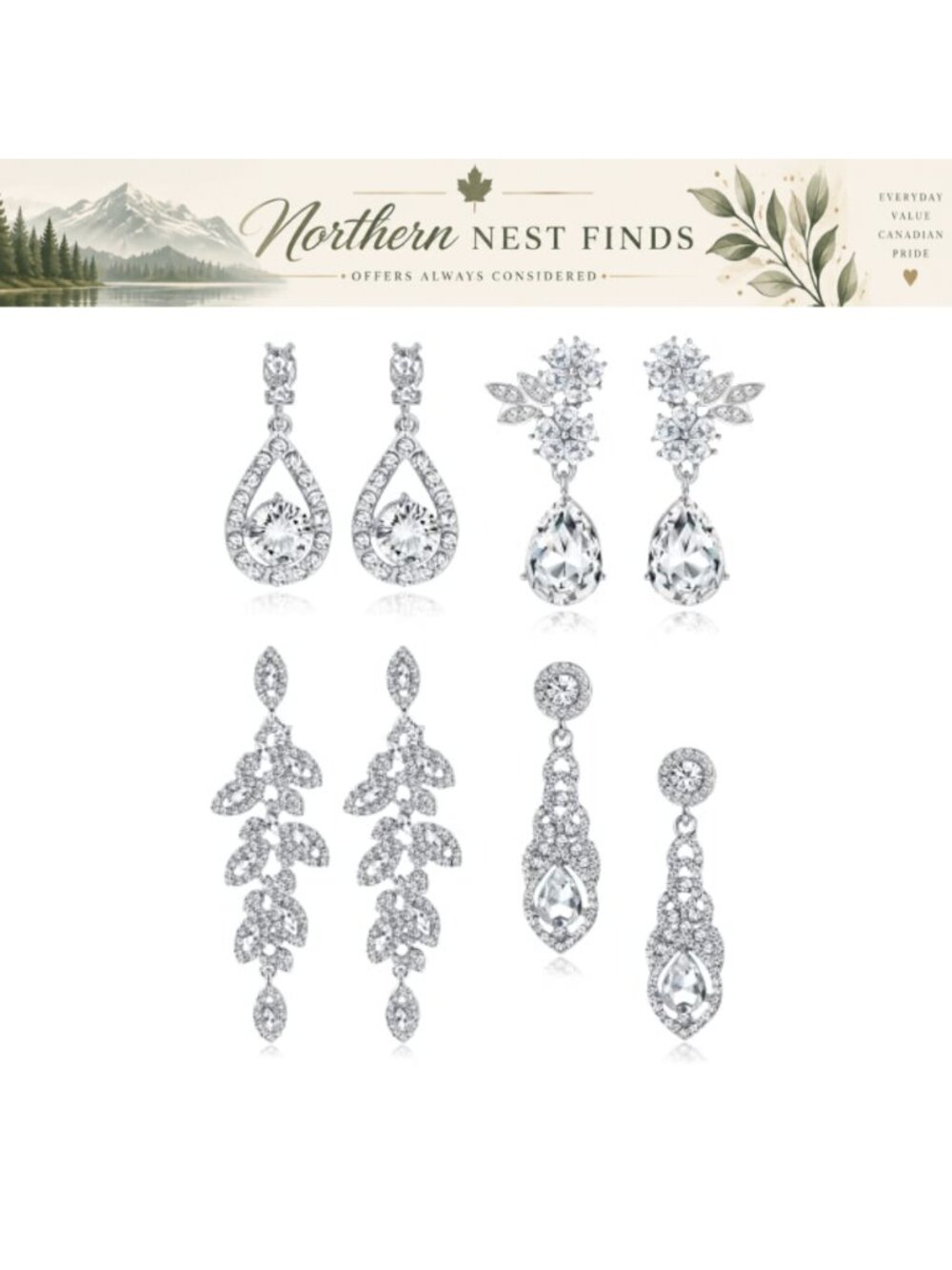 Clip On Earrings Women Rhinestone Crystal Teardrop Dangle Bridal Wedding Set